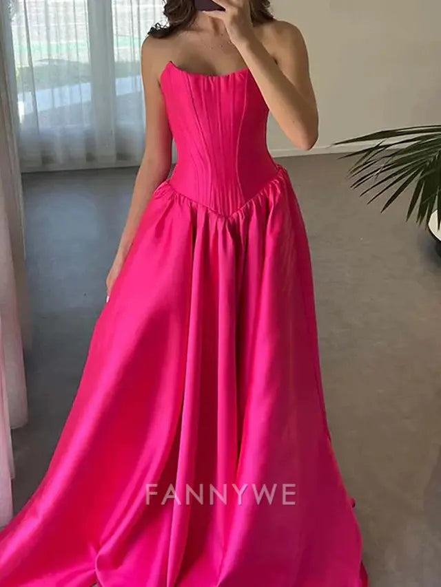 FannyWe Simple  A-Line Hot Pink Prom Drop Waist Dresses Elegant Corset Dress Formal Evening Party Floor Length Sleeveless Off Shoulder Satin with Ruched